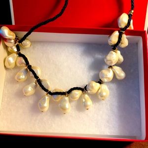 Beautiful Talbots Pearl Necklace black twisted cloth & chain adjustable clasp